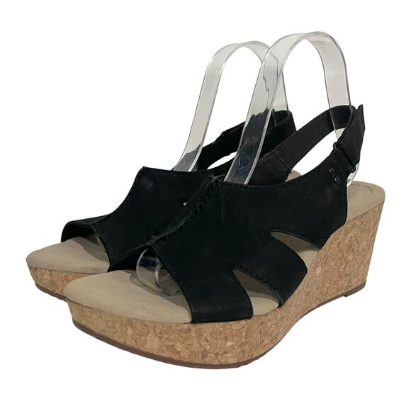 Clarks Women Annadel Bari Sandal Size 9 M Black Leather Cork Wedge Heel Platform - Picture 2 of 9